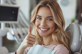 Female dental patient making thumbs up gesture