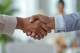 Two people shaking hands in a professional setting