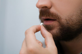 Man preparing to swallow a small pill