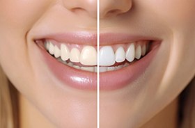 Close-up of woman’s smile before and after teeth whitening