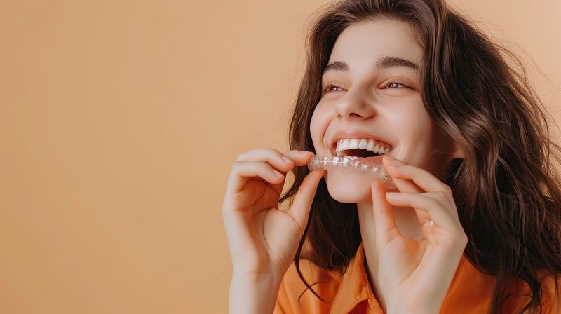 Happy woman holding Invisalign tray close to her mouth